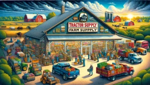 Tractor Supply Farm Supply - A vivid and detailed illustration of a Tractor Supply farm supply store. The scene shows the exterior of the store, featuring a large sign with the Tr (2)