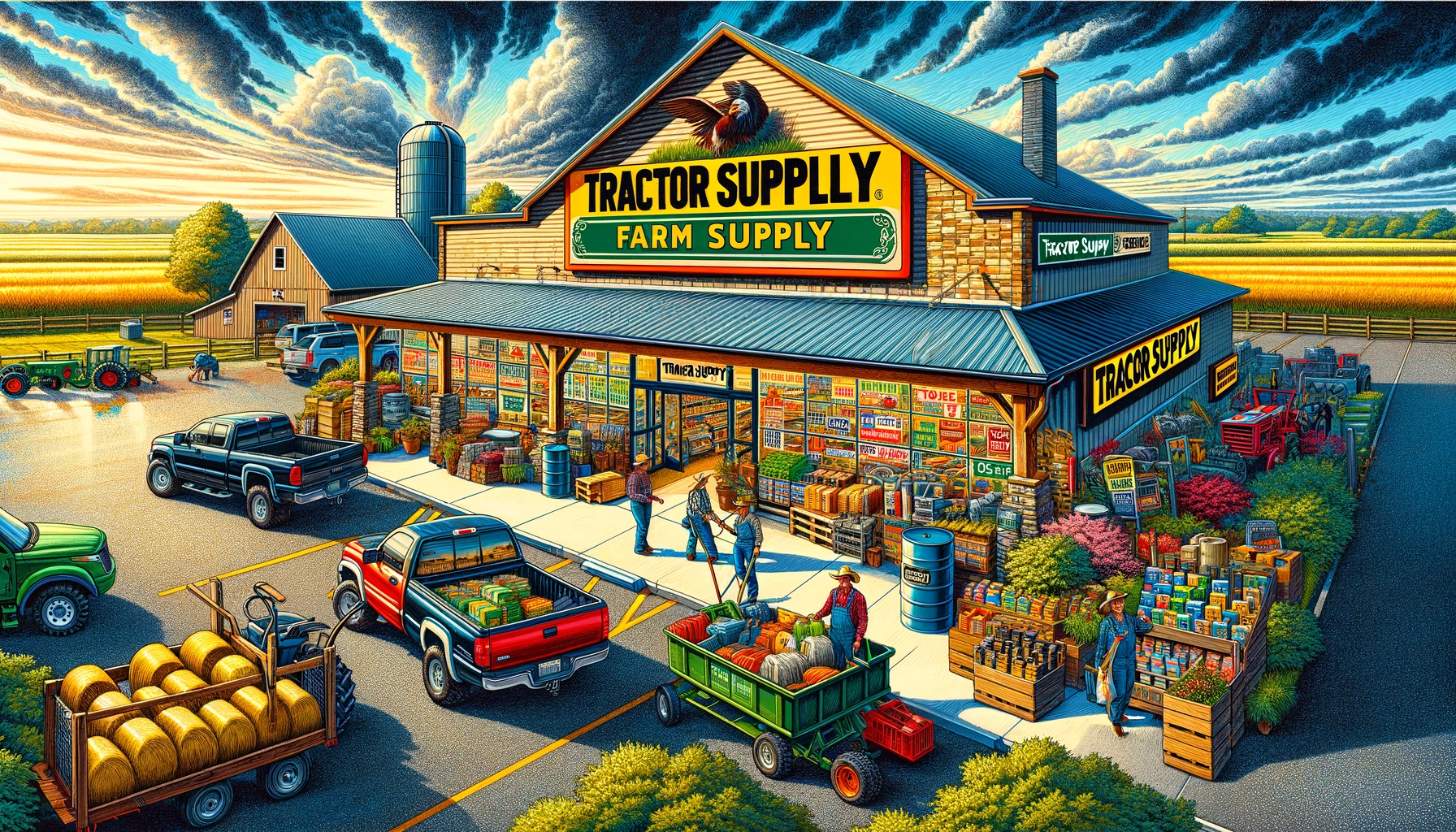 Tractor Supply Farm Supply - A vivid and detailed illustration of a Tractor Supply farm supply store. The scene shows the exterior of the store, featuring a large sign with the Tr (2)